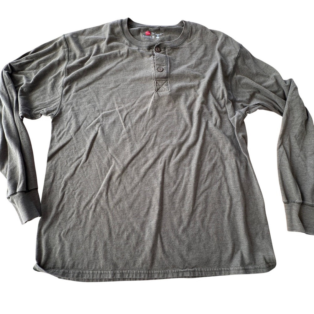 Hanes Beefy T Henley Shirt Mens XL Green Long Sleeve Cotton Casual Minimalist